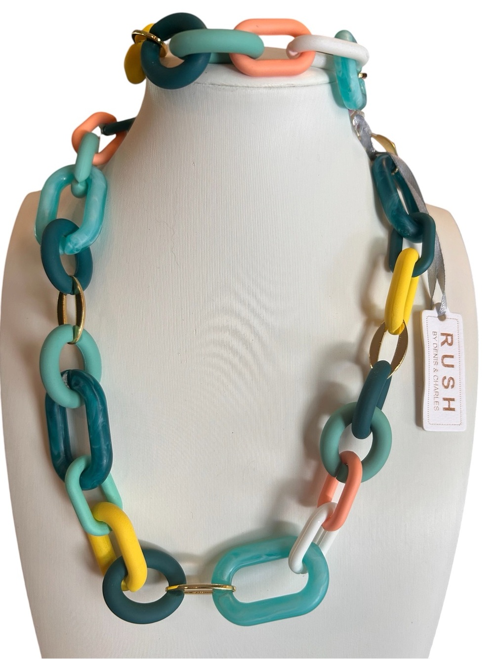 RUSH Colorblock Resin Link Necklace and Bracelet in Teal, Coral & Yellow